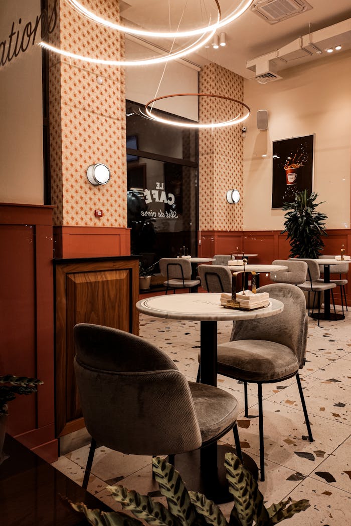 Warm and inviting cafe interior in Yerevan, Armenia with modern furnishings and ambient lighting.